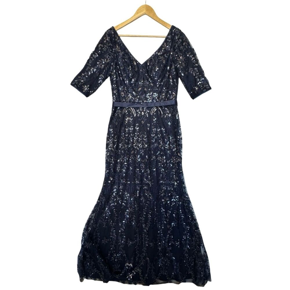 OLEG CASSINI Blue Beaded Sequin Lace Formal Dress Size 10 New With Tags - Picture 4 of 13
